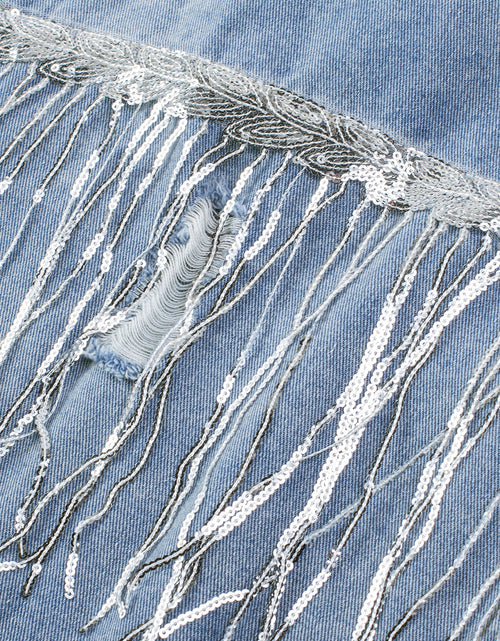 Load image into Gallery viewer, Sequin Fringe Trim Distressed Button Up Denim Jacket

