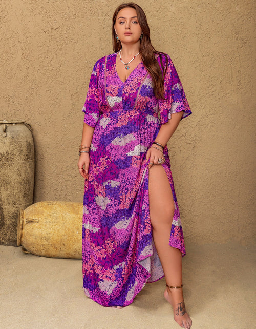 Load image into Gallery viewer, Plus Size Slit Printed Half Sleeve Maxi Dress
