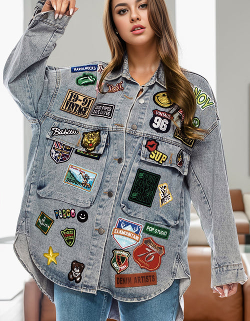 Load image into Gallery viewer, Embroidered Patch Button Up Long Sleeve Denim Jacket
