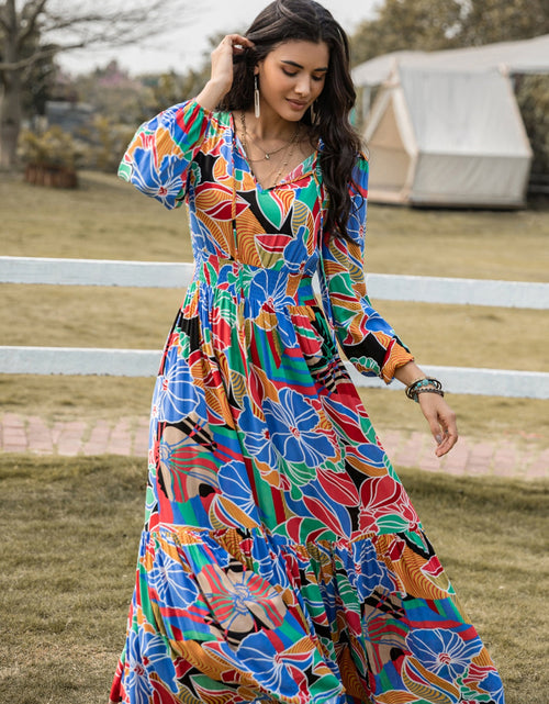 Load image into Gallery viewer, Printed Smocked Tie Neck Balloon Sleeve Maxi Dress
