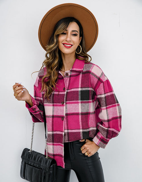 Load image into Gallery viewer, Shiny Plaid Button Up Collared Neck Jacket
