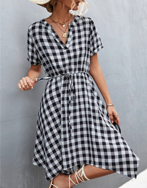 Load image into Gallery viewer, Plaid Notched Short Sleeve Dress
