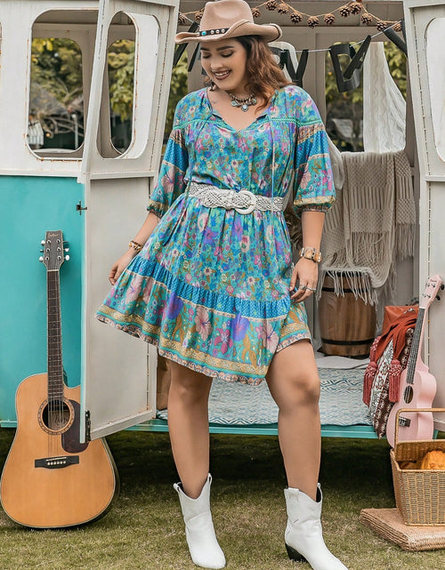Load image into Gallery viewer, Plus Size Printed Tie Neck Mini Dress
