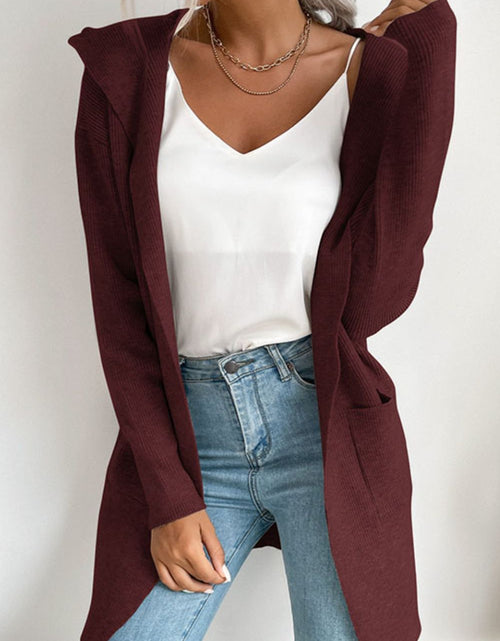 Load image into Gallery viewer, Perfee Ribbed Open Front Hooded Cardigan with Pockets
