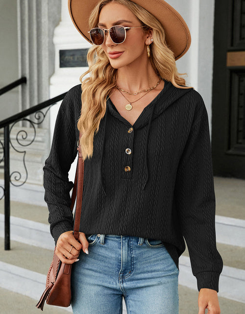 Load image into Gallery viewer, Drawstring Half Button Long Sleeve Hoodie
