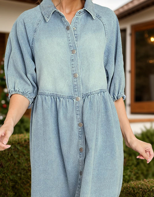 Load image into Gallery viewer, Raw Hem Snap Down Half Sleeve Denim Dress
