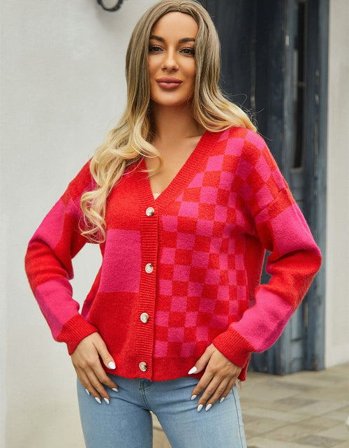 Load image into Gallery viewer, Angel Wings Plaid V-Neck Dropped Shoulder Cardigan
