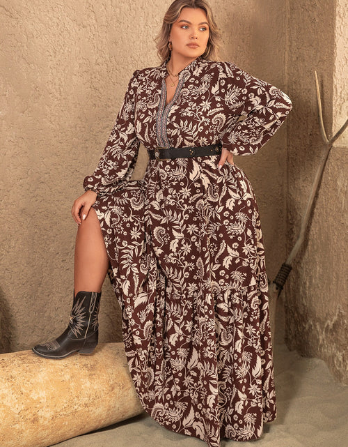 Load image into Gallery viewer, Plus Size Notched Balloon Sleeve Printed Maxi Dress

