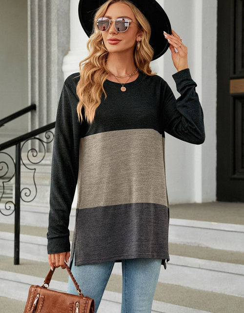 Load image into Gallery viewer, Color Block Round Neck Long Sleeve Slit T-Shirt
