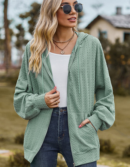 Load image into Gallery viewer, Drawstring Zip Up Dropped Shoulder Hoodie
