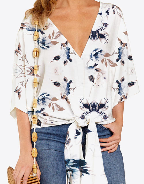 Load image into Gallery viewer, Shiny Printed Deep V Tie Hem Blouse
