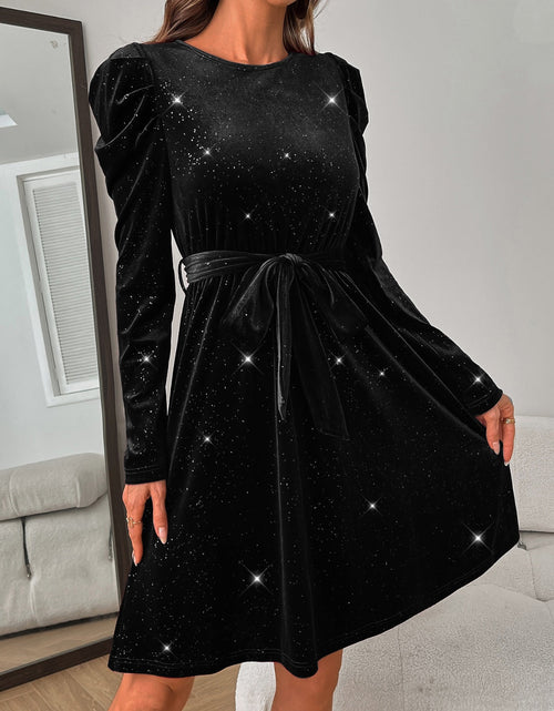 Load image into Gallery viewer, Glitter Round Neck Puff Sleeve Dress

