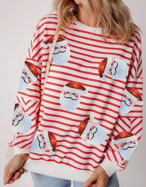 Load image into Gallery viewer, Sequin Santa Striped Round Neck Long Sleeve Sweatshirt

