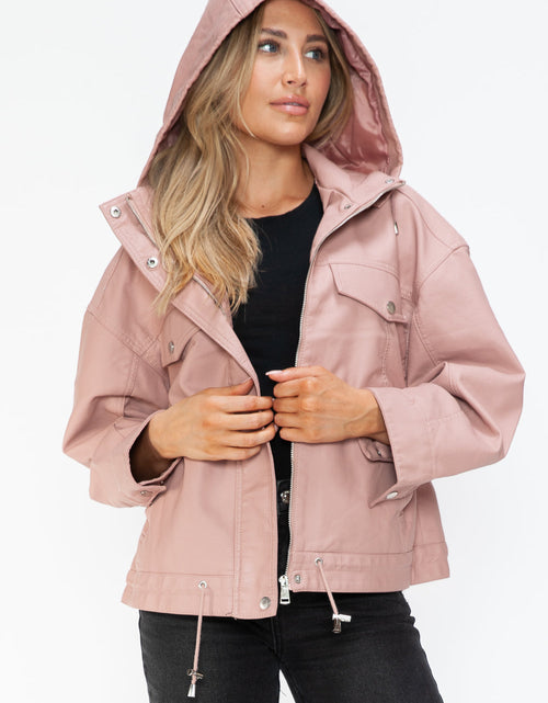 Load image into Gallery viewer, How Dare U Drawstring Hem PU Leather Zip Up Jacket

