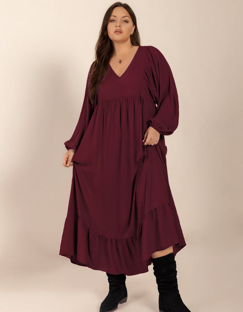 Load image into Gallery viewer, Plus Size Ruffled Hem V-Neck Balloon Sleeve Dress
