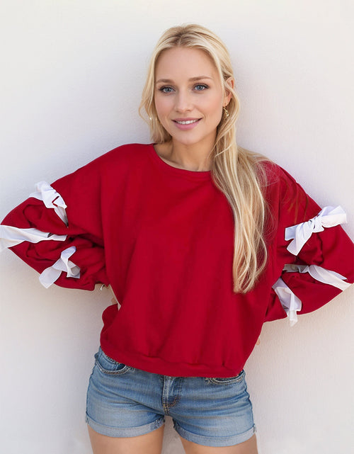 Load image into Gallery viewer, Contrast Bow Round Neck Long Sleeve Sweatshirt
