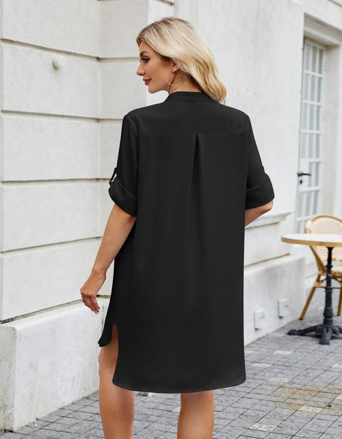 Load image into Gallery viewer, Notched Long Sleeve Mini Shirt Dress

