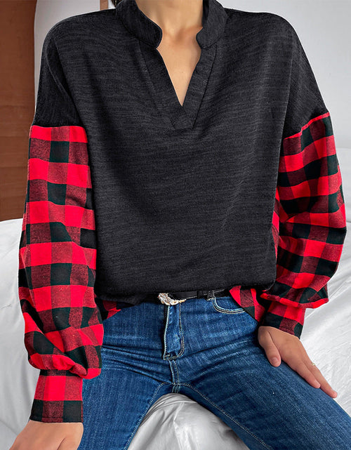 Load image into Gallery viewer, Buffalo Plaid Color Block Balloon Sleeve Top
