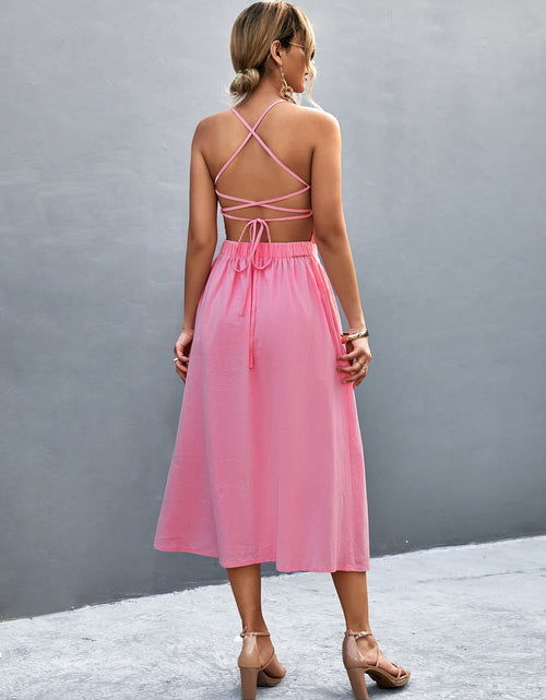 Load image into Gallery viewer, Buttoned Halter Neck Frill Trim Midi Dress
