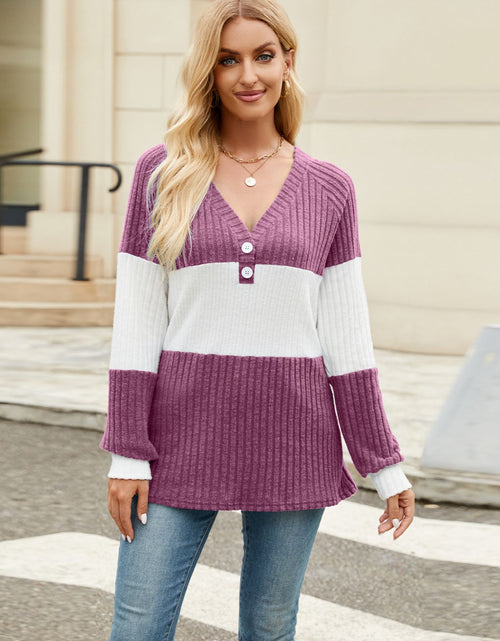 Load image into Gallery viewer, Color Block V-Neck Long Sleeve T-Shirt
