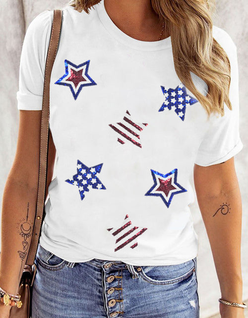 Load image into Gallery viewer, Sequin Star Round Neck Short Sleeve T-Shirt
