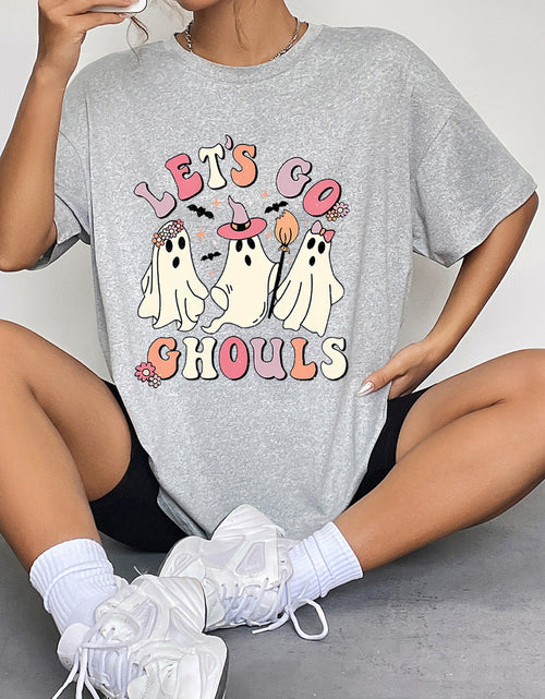 Load image into Gallery viewer, Round Neck Short Sleeve LET'S GO GHOULS Graphic T-Shirt
