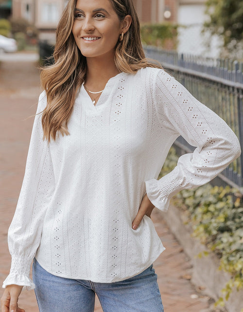 Load image into Gallery viewer, Openwork Notched Flounce Sleeve Blouse
