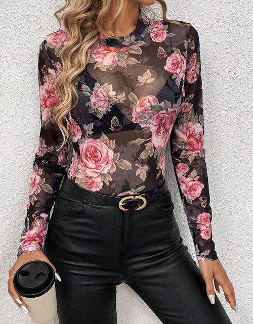 Load image into Gallery viewer, Mesh Floral Mock Neck Long Sleeve Top

