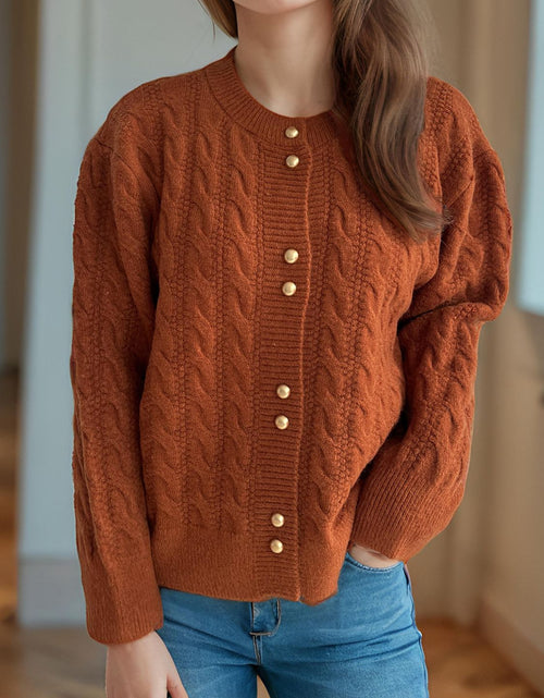 Load image into Gallery viewer, Cable-Knit Round Neck Long Sleeve Cardigan
