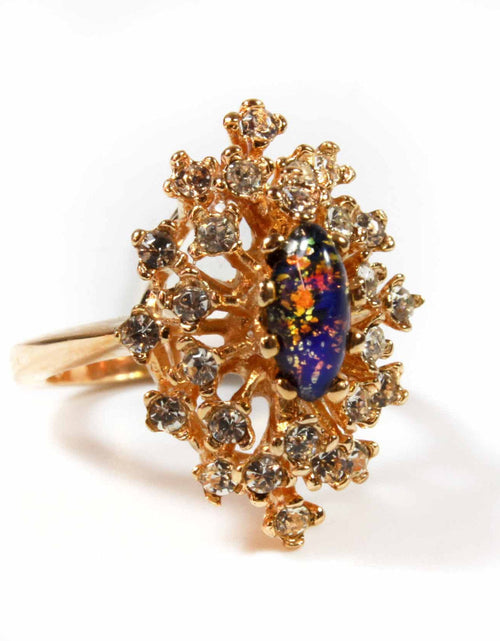 Load image into Gallery viewer, Vintage Ring Genuine Opal with Clear and Ruby Austrian Crystals 18kt Yellow Gold Electroplated by PVD Vintage Jewelry
