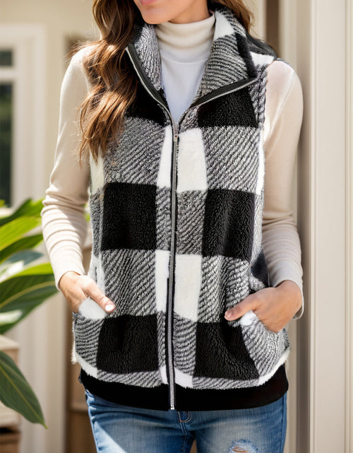 Load image into Gallery viewer, Pocketed Plaid Zip Up Vest Coat
