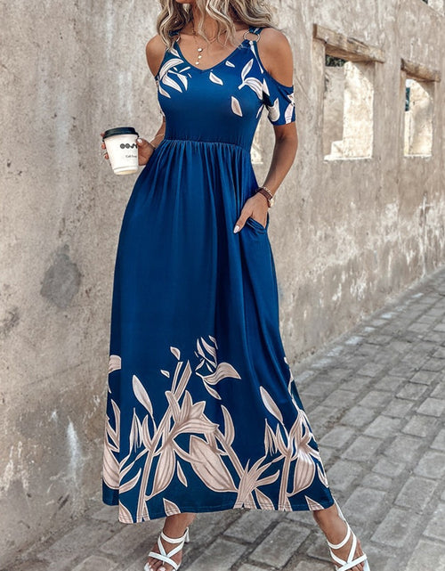 Load image into Gallery viewer, Printed Cold Shoulder Short Sleeve Maxi Dress
