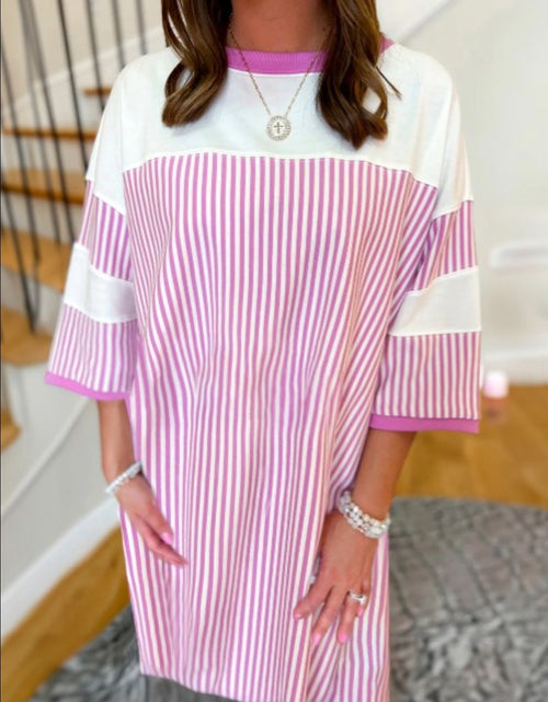Load image into Gallery viewer, Striped Round Neck Three-Quarter Sleeve Mini Dress
