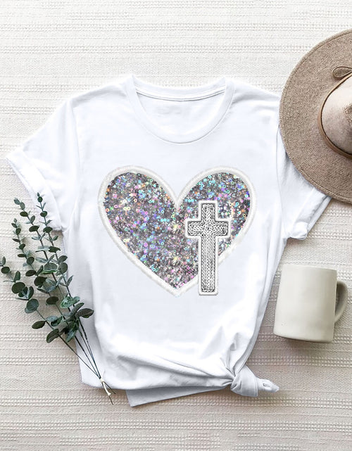 Load image into Gallery viewer, Graphic Heart Round Neck Short Sleeve T-Shirt

