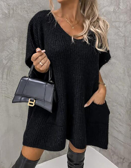 Load image into Gallery viewer, Short Sleeve Sweater Dress with Pockets
