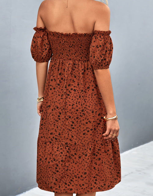 Load image into Gallery viewer, Ditsy Floral Smocked Frill Trim Off-Shoulder Dress
