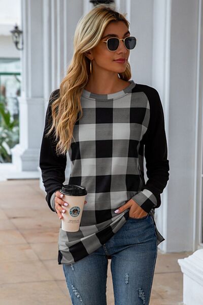 Load image into Gallery viewer, Plaid Round Neck Long Sleeve T-Shirt
