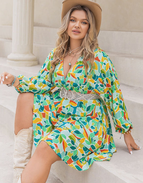 Load image into Gallery viewer, Plus Size Printed Surplice Long Sleeve Mini Dress
