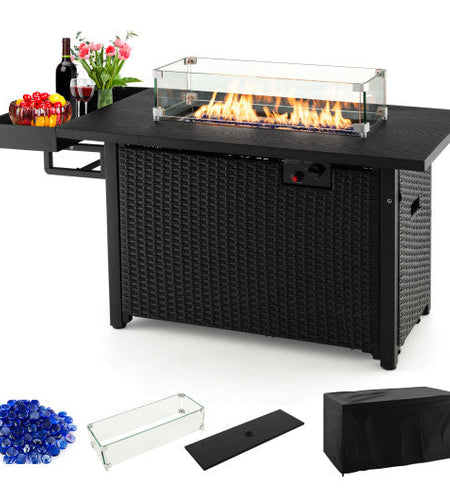 52 Inches Outdoor Wicker Gas Fire Pit Propane Fire Table with Cover-Black