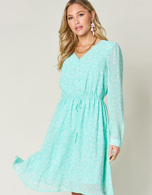 Load image into Gallery viewer, Double Take Full Size Printed Ruched V-Neck Long Sleeve Dress
