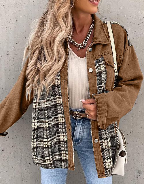 Load image into Gallery viewer, Plaid Button Up Dropped Shoulder Jacket
