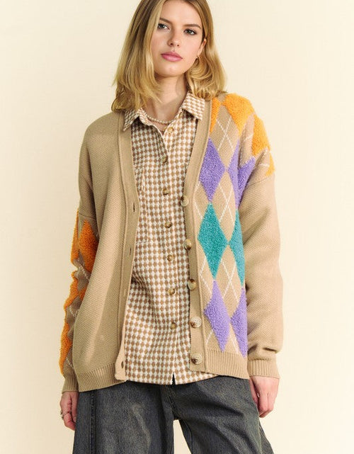 Load image into Gallery viewer, Davi &amp; Dani Argyle V-Neck Dropped Shoulder Cardigan
