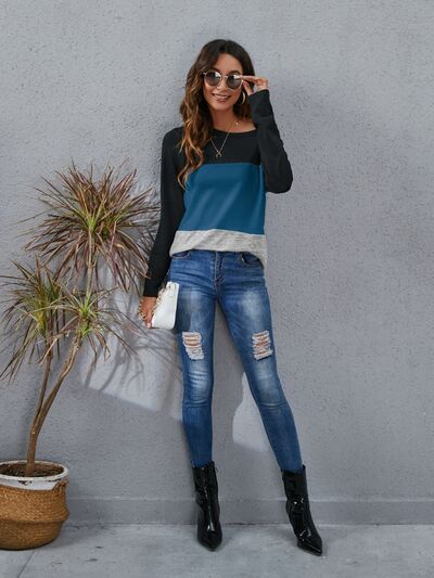 Load image into Gallery viewer, Color Block Round Neck Long Sleeve T-Shirt
