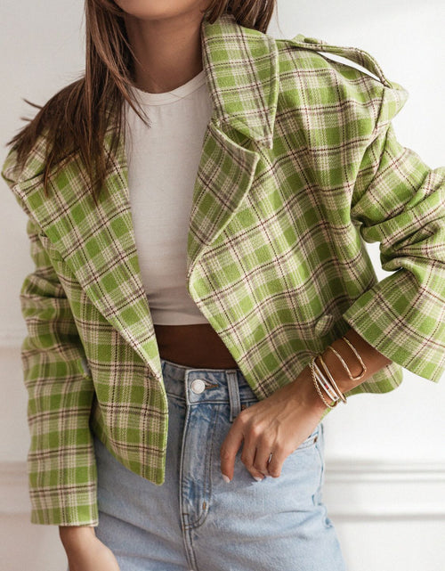 Load image into Gallery viewer, Lapel Collar Plaid Cropped Jacket
