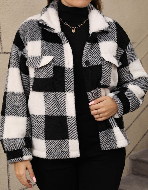 Load image into Gallery viewer, Plus Size Pocketed Plaid Collared Neck Jacket
