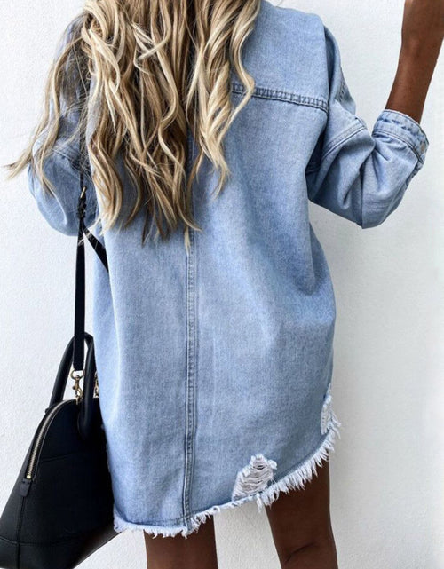 Load image into Gallery viewer, Raw Hem Collared Neck Long Sleeve Denim Jacket
