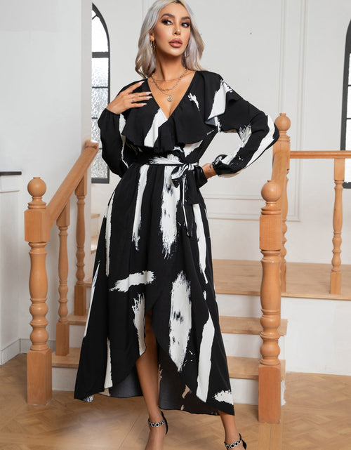 Load image into Gallery viewer, Printed Tie Front Ruffle Trim Long Sleeve Dress
