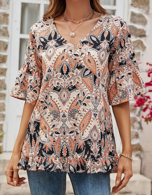 Load image into Gallery viewer, Printed Flounce Sleeve Ruffle Hem Blouse
