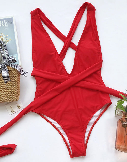 Load image into Gallery viewer, Halter Neck Deep V Tied One-Piece Swimsuit
