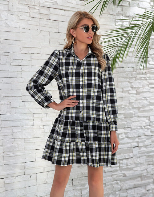 Load image into Gallery viewer, Ruffle Hem Plaid Button Down Long Sleeve Dress
